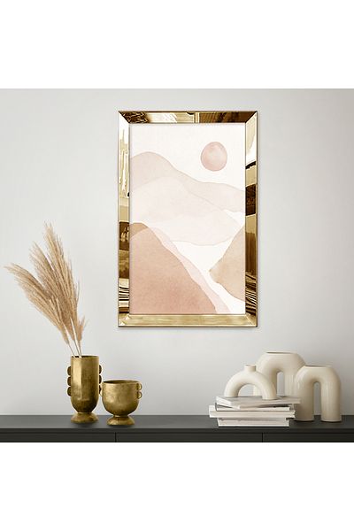 Zevahir Mobilya Dekorasyon Pictură unică MDF cu peisaj abstract de culoare bej în artă boho cu cadru din plexiglas cu oglindă aurie