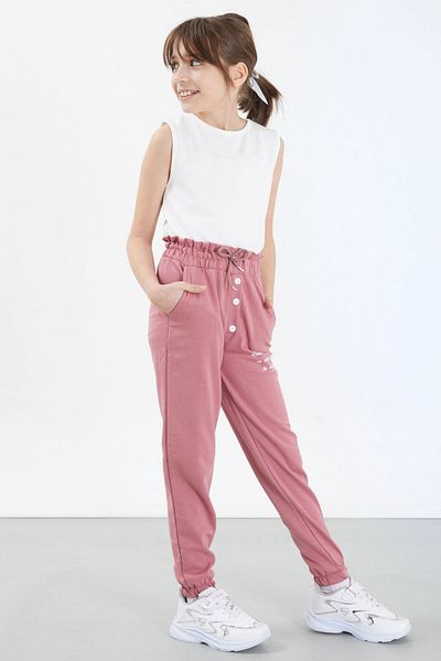 Cansın Mini Dusty Rose Have a Good Time Written Button Λεπτομερές κοριτσίστικο παντελόνι 17673