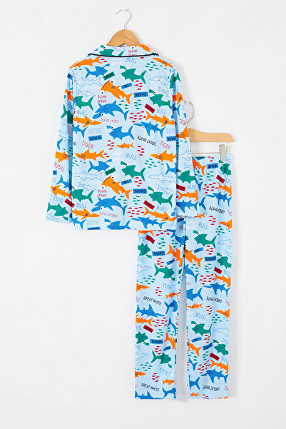 Cansın Mini Mavi Balık Baskılı Düğmeli Erkek Çocuk Pijama Takımı 18672