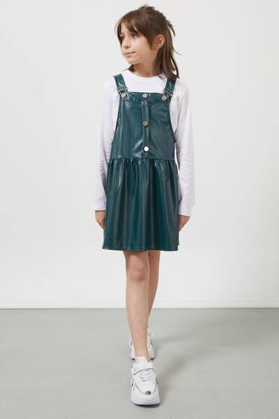 Cansın Mini Girl's Faux Leather Salopet with Green Straps 17641