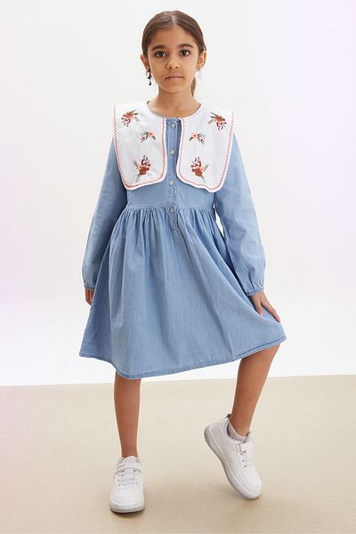 Cansın Mini Rochie pentru fetiță cu guler pentru bebeluși cu broderie florală albastră 17940