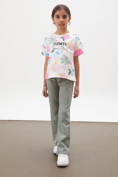 Cansın Mini Haki Çiçek Baskılı İspanyol Paça Fitilli Taytlı Kız Çocuk Takım 17999