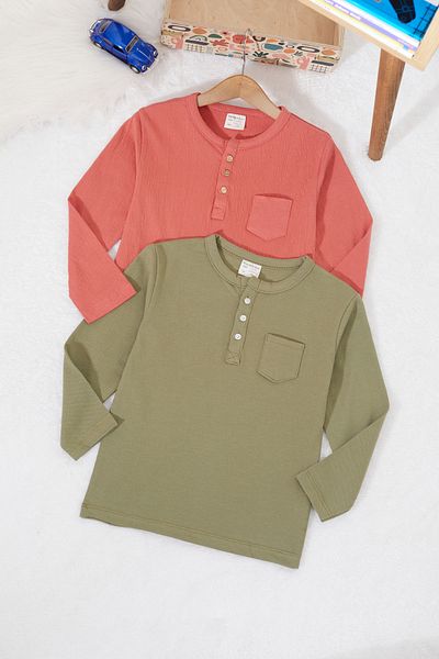 Cansın Mini Baby Boy Buttoned Collar Pocketed 2-Piece Sweatshirt Khaki-Brick 17330