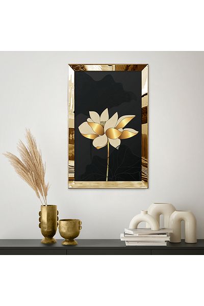 Zevahir Mobilya Dekorasyon Masă unică din MDF cu cadru din plexiglas cu oglindă aurie, modernă, minimalistă, cu flori de culoare aurie