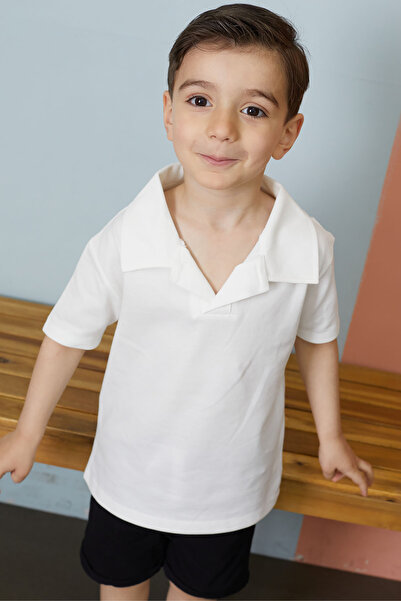 Cansın Mini Baby Boy White Polo Neck T-Shirt Shorts Suit 18641