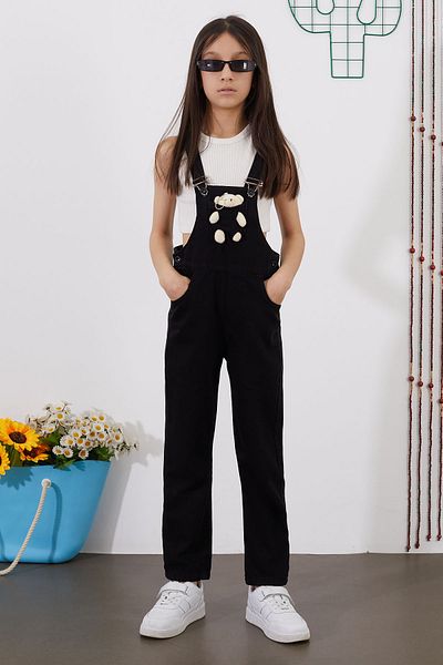 Cansın Mini Girl's Black Salopet Jumpsuit with Teddy Bear and Chest Pocket 18752