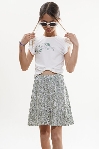 Cansın Mini Khaki Floral Patterned Skirted Printed T-Shirt Girl's Suit 18502