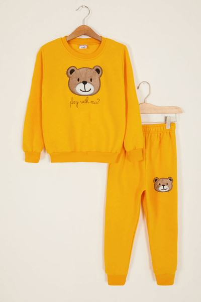 Cansın Mini Yellow Boy's Cute Teddy Bear Themed Racking 3 Thread Set of 2