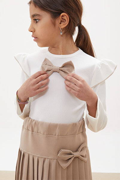 Cansın Mini Cream Pleated Skirt Long Sleeve Badi Girl's Dress Set 17740