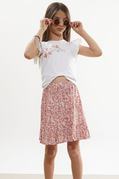 Cansın Mini Orange Floral Patterned Skirted Printed T-Shirt Girl's Suit 18507