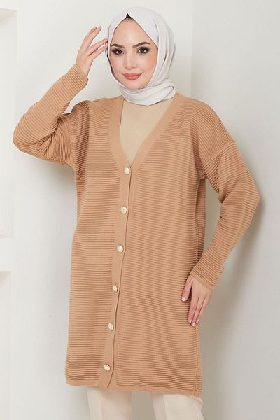 hafsamina Gold Button Detailed Knitwear Cardigan Camel Hm2587