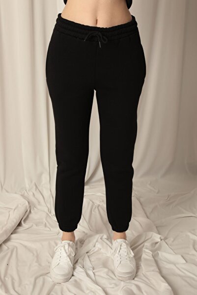 ARMESA Three Thread Fabric Women's Black Sweatpants with Elastic Waist Legs