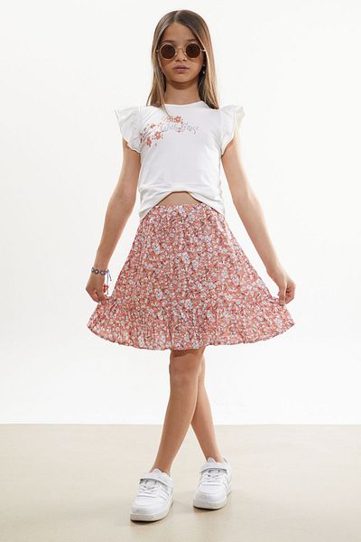 Cansın Mini Orange Floral Patterned Skirted Printed T-Shirt Girl's Suit 18507