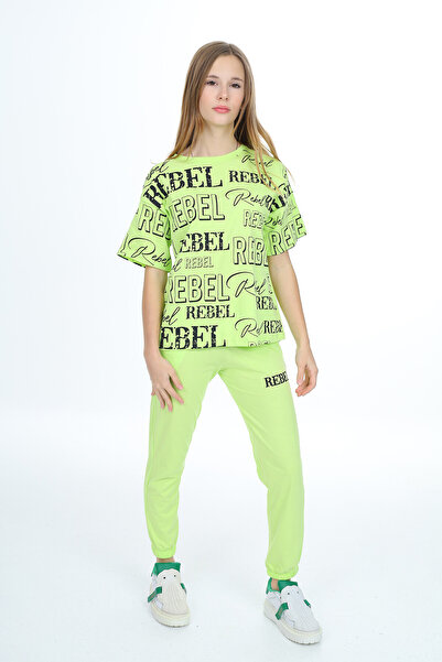 Cansın Mini Ανοιχτό πράσινο Rebel Text Printed Girl's Suit 17839