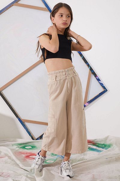 Cansın Mini High Waist Beige Dobby Girl's Trousers - 18924