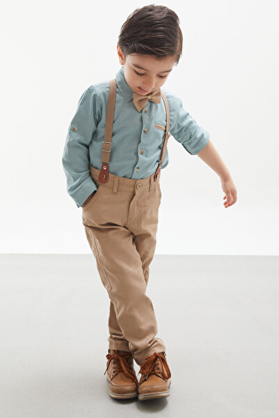 Cansın Mini Boy's Bow Tie Suit with Green Shirt and Suspender Pants 18129