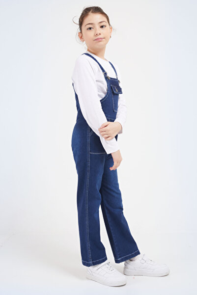 Cansın Mini Dark Blue Girl's Jeans Salopet Jumpsuit with Chest Pockets 17609