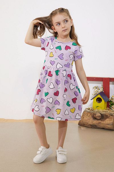 Cansın Mini Short Sleeve Lilac Heart Printed Girl's Dress - 18781