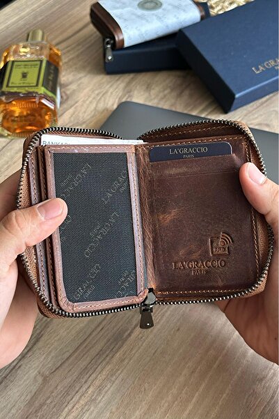 La La'Graccio Paris La'Graccio Paris Lancoves Men's Zippered Genuine Leather Handy Wallet Crazy Tan