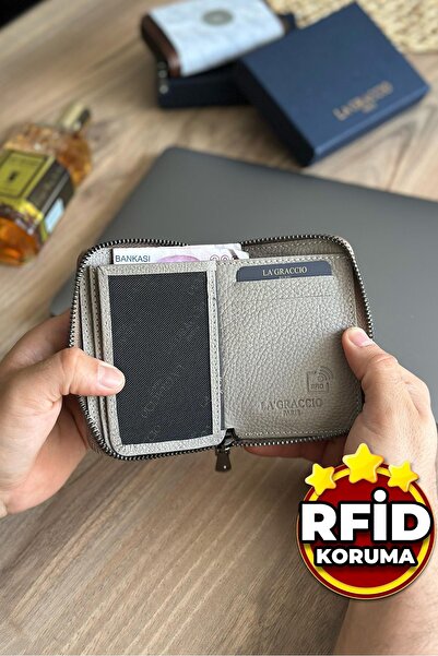 La La'Graccio Paris La'Graccio Paris Lancoves Men's Zippered Genuine Leather Handy Wallet Matte Mink