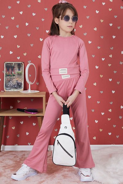 Cansın Mini Pink Ribbed Flare Leg Girl Crop Suit 17258