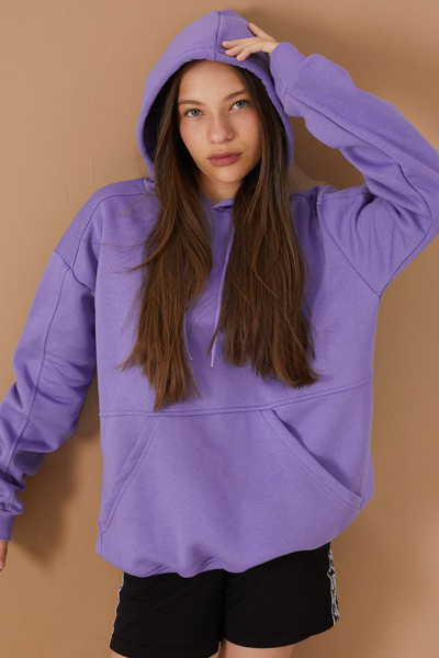Cansın Mini Kız Çocuk Mor Basic Uzun Kol Şardonlu Kapüşonlu Sweatshirt 19187