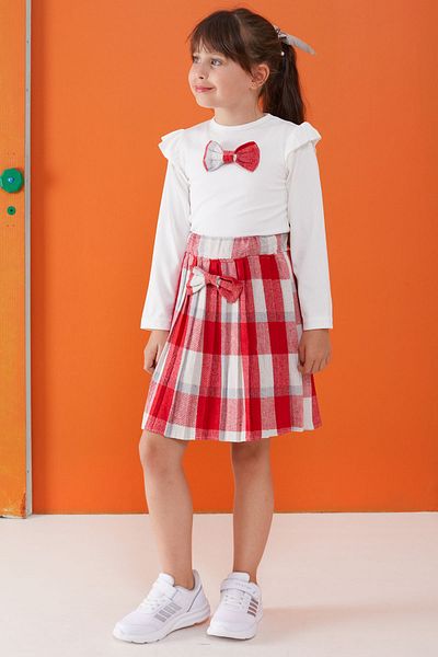 Cansın Mini Red Plaid Skirt with Bow and Badge Girl's Dress Set 5-9 Years 17735