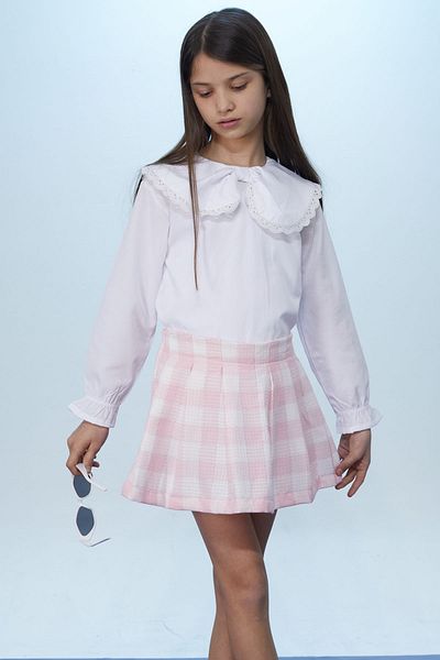Cansın Mini Pink Square Patterned Shorts Skirt Bow Shirt Girl's Suit 18401
