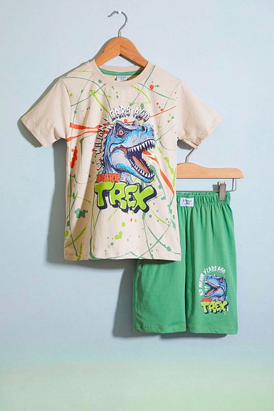 Cansın Mini Green T-rex Printed Written Boys' Shorts Set 18708