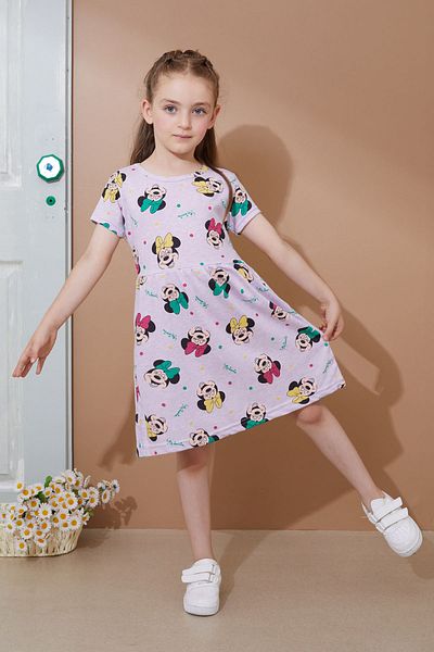 Cansın Mini Lilac Printed Short Sleeve Girl's Summer Dress - 18987