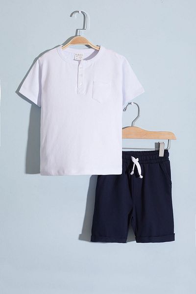 Cansın Mini White Buttoned Short Sleeve Baby Boy Shorts Set - 18628