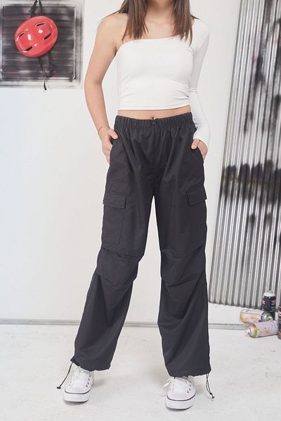 Cansın Mini Black Elastic Leg Cargo Pocket Girl's Parachute Trousers 17562