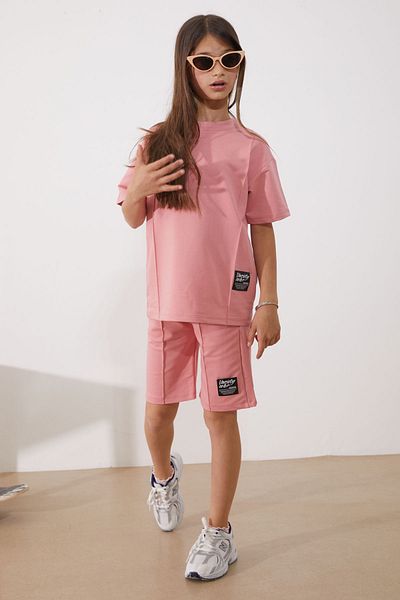 Cansın Mini Oversize ροζ κοριτσίστικο σορτς - T-shirt, ριγέ 18904