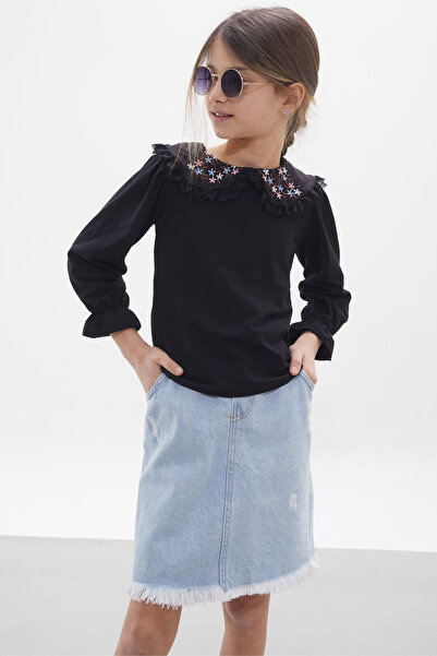 Cansın Mini Flower Embroidered Girl's Suit with Blouse and Denim Skirt 17945