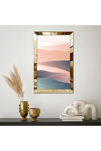Zevahir Mobilya Dekorasyon Masa MDF cu design abstract cu dungi de culoare roz și albastru cu cadru din plexiglas cu oglindă aurie