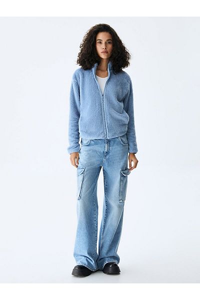 Ltb Plain Stand Collar Zippered Regular Fit Blue Cardigan