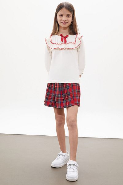 Cansın Mini Red Plaid Patterned Girl's Suit with Shorts, Skirt and Bow Blouse 18268