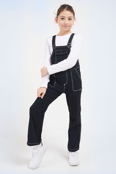 Cansın Mini Black Girl's Jeans Salopet Jumpsuit with Chest Pocket 17610