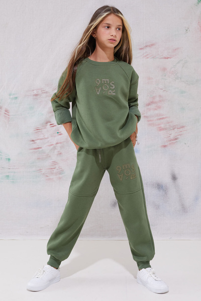 Cansın Mini Crew Neck Khaki Tracksuit Set - Girl's Hoodie, Text Printed 19344