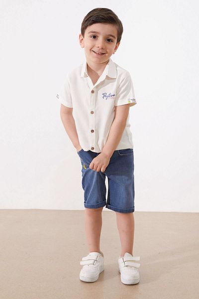 Cansın Mini Boy's Set - Ecru Text Printed Shirt Jean Shorts 18966