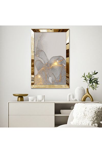Zevahir Mobilya Dekorasyon Masă unică din MDF cu design abstract minim, gri și auriu, cu cadru din plexiglas cu oglindă aurie
