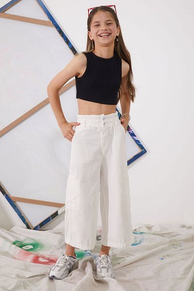Cansın Mini High Waist White Dobby Girl's Trousers - 18926