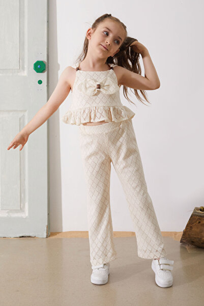 Cansın Mini Cream Lace Patterned Trousers Girl's Cropled Set 18757