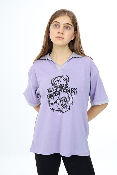 Cansın Mini Λιλά Teddy Bear με στάμπα γιακάς Oversize κοριτσίστικο μπλουζάκι 17820