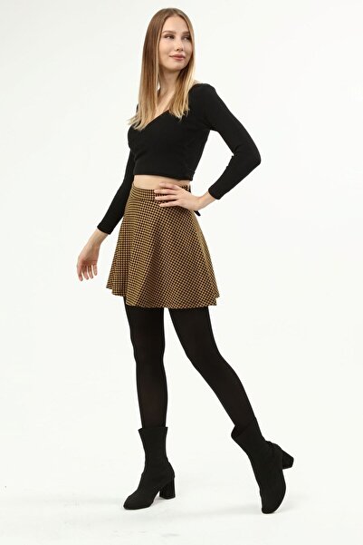 Neslice in İstanbul Women's Mini Skirt, Women's Mustard Houndstooth Patterned Side Zipper Mini Skirt