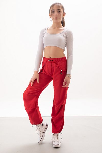 Cansın Mini Red Cover Detailed Elastic Waist Girl's Parachute Trousers 18058