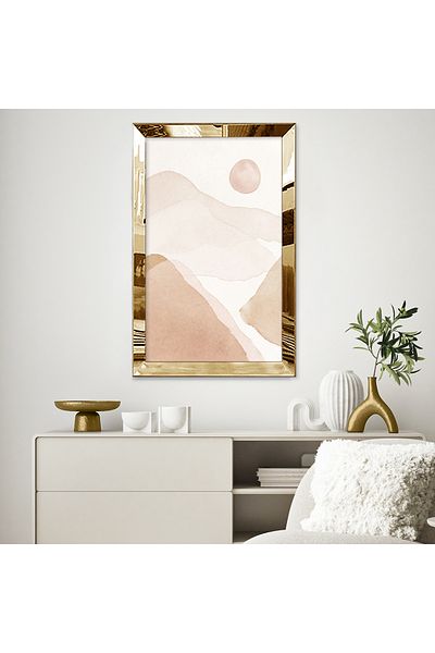 Zevahir Mobilya Dekorasyon Pictură unică MDF cu peisaj abstract de culoare bej în artă boho cu cadru din plexiglas cu oglindă aurie