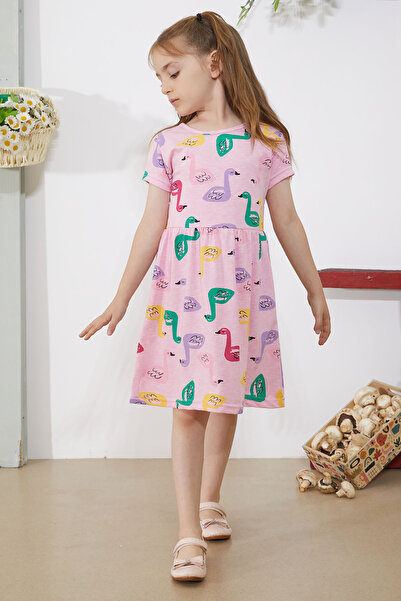 Cansın Mini Καλοκαιρινό φόρεμα με στάμπα ροζ κύκνου για κορίτσι - κοντομάνικο