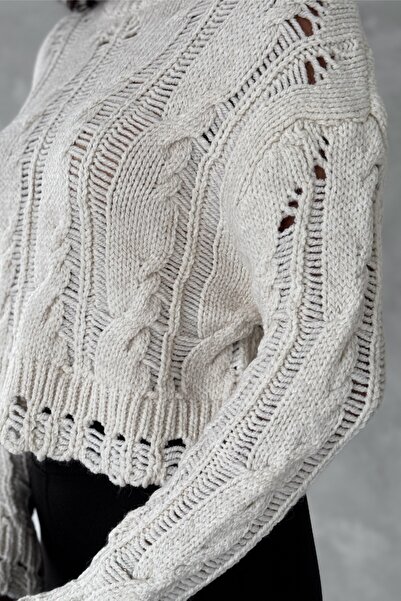 FEMELLE Women's Beige Standard Size Design Knitted Knitwear Sweater