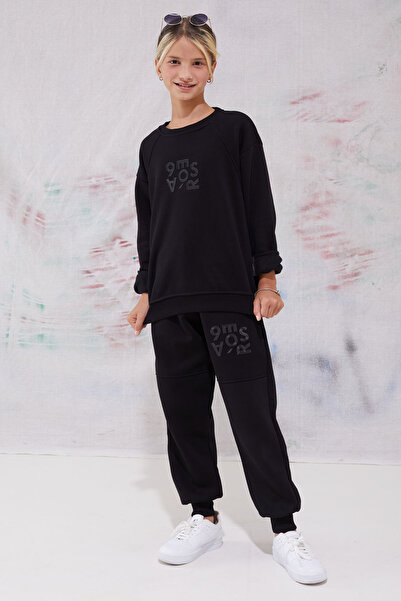 Cansın Mini Σετ φόρμας για κορίτσια με μαύρη στάμπα Crew Neck - 19342